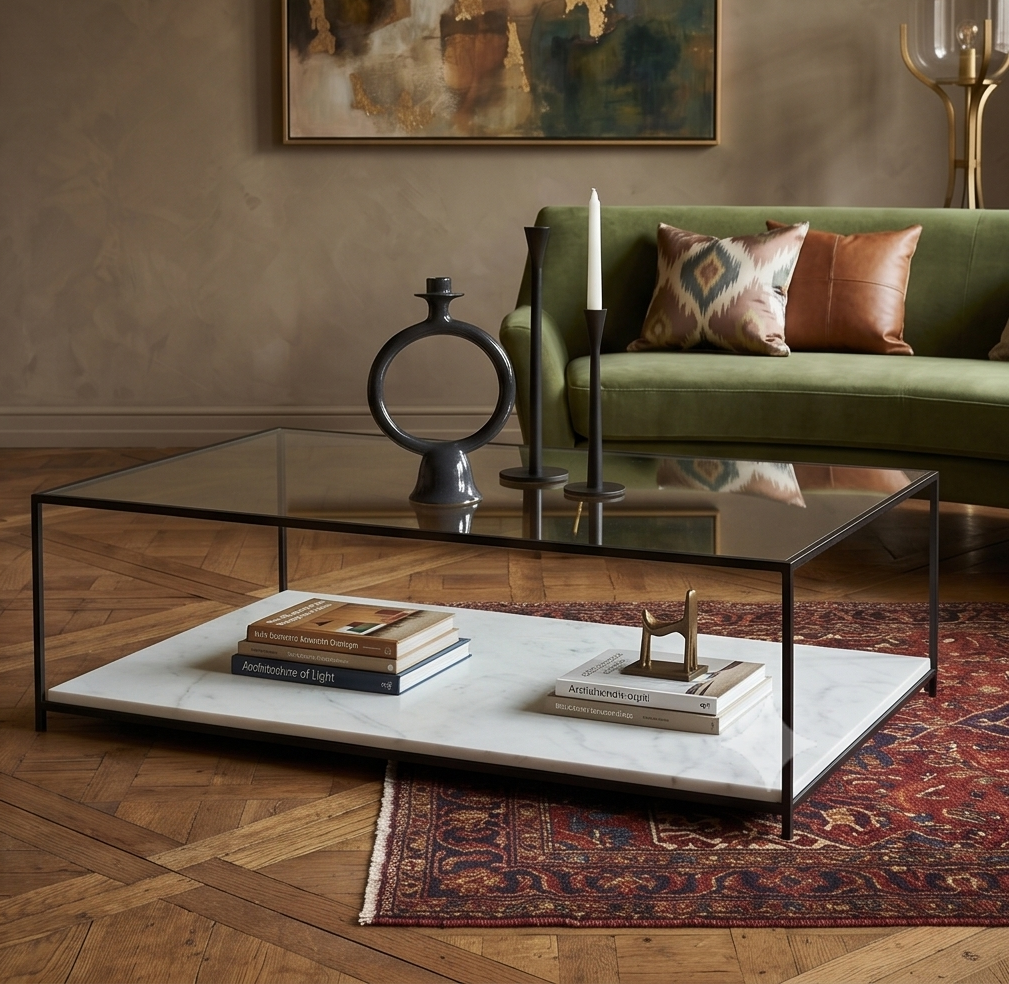 La Table Basse "Lumina" en Verre et Marbre Blanc 120 x 70 cm