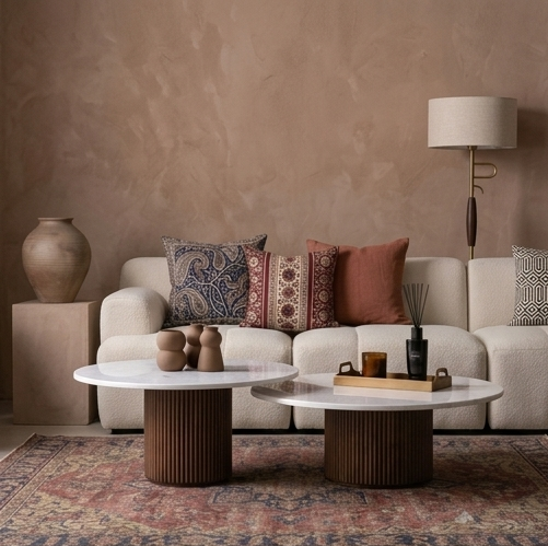 Le Duo de Tables Basses "Kora" en Marbre Blanc et Bardage Bois D : 80 cm & 60 cm ,H : 40 cm & 45 cm