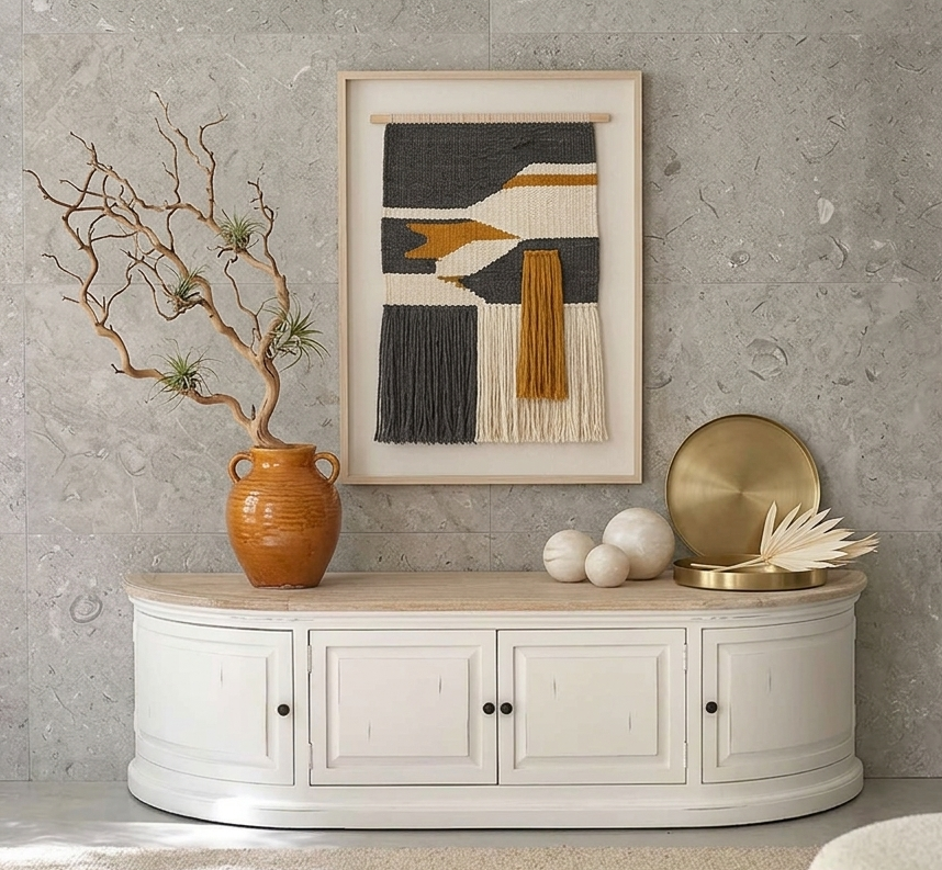 Meuble TV Demi-Lune en Acajou et Teck Blanc 160 cm – LÉONORE